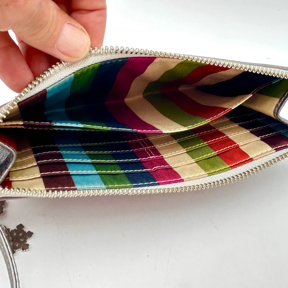 Coach Metallic Silver Leather Wristlet Snowflake Charm Striped Lining Clutch